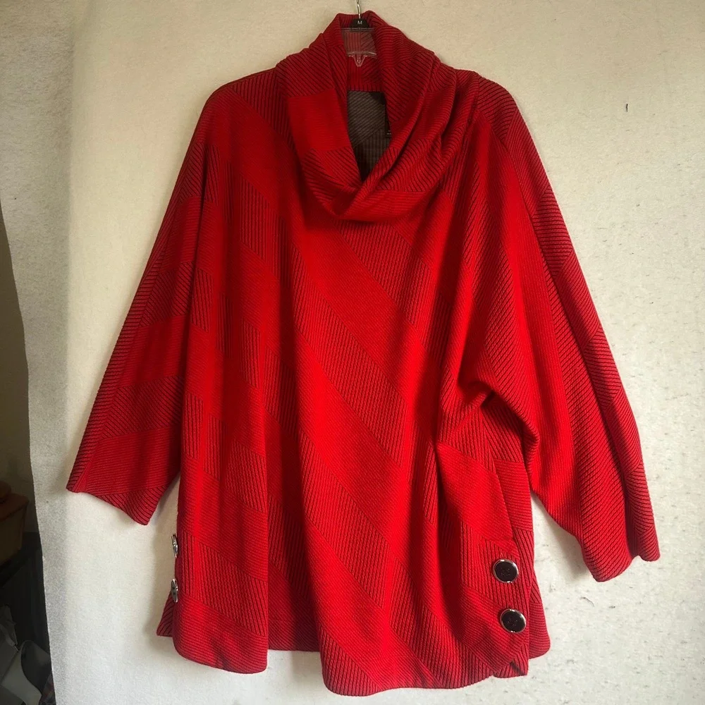 Ali Miles Red Textured Cowl Neck Tunic Top Plus Size 2X Button Detail Knit